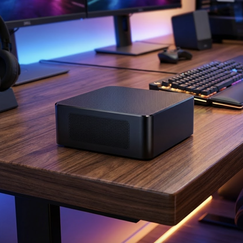 CubiCrew Mini PC on a modern desk with RGB lighting