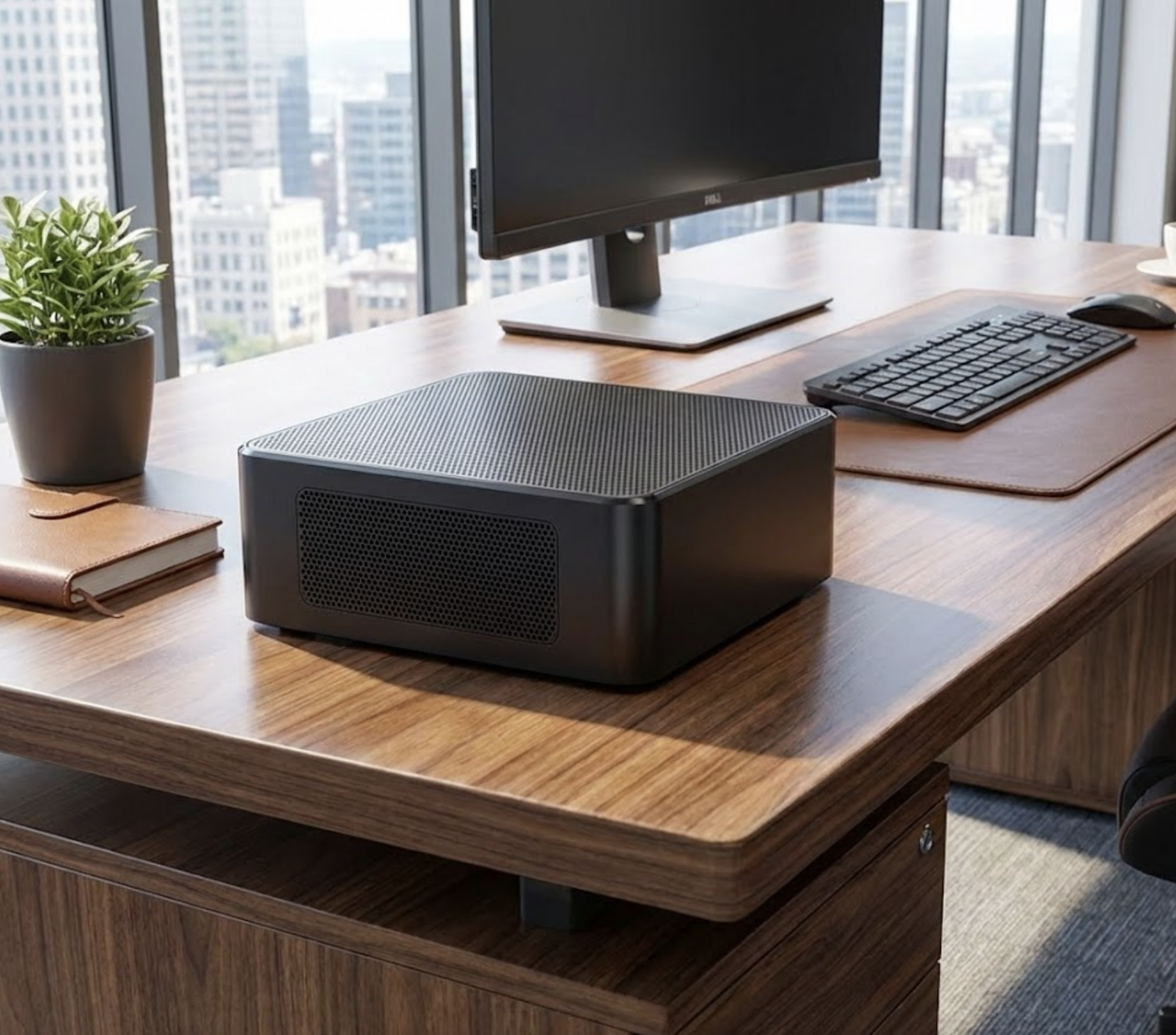 Compact micro PC on a professional desk setup